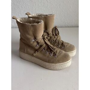 J/SLIDES NYC Suede Leather Faux Sherpa Lined Lace Boots Womens Size 8.5 Tan